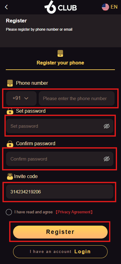 Highlighted Register or Sign Up button location on 6 Club homepage