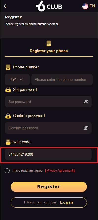6 Club registration details review screen with invite code field